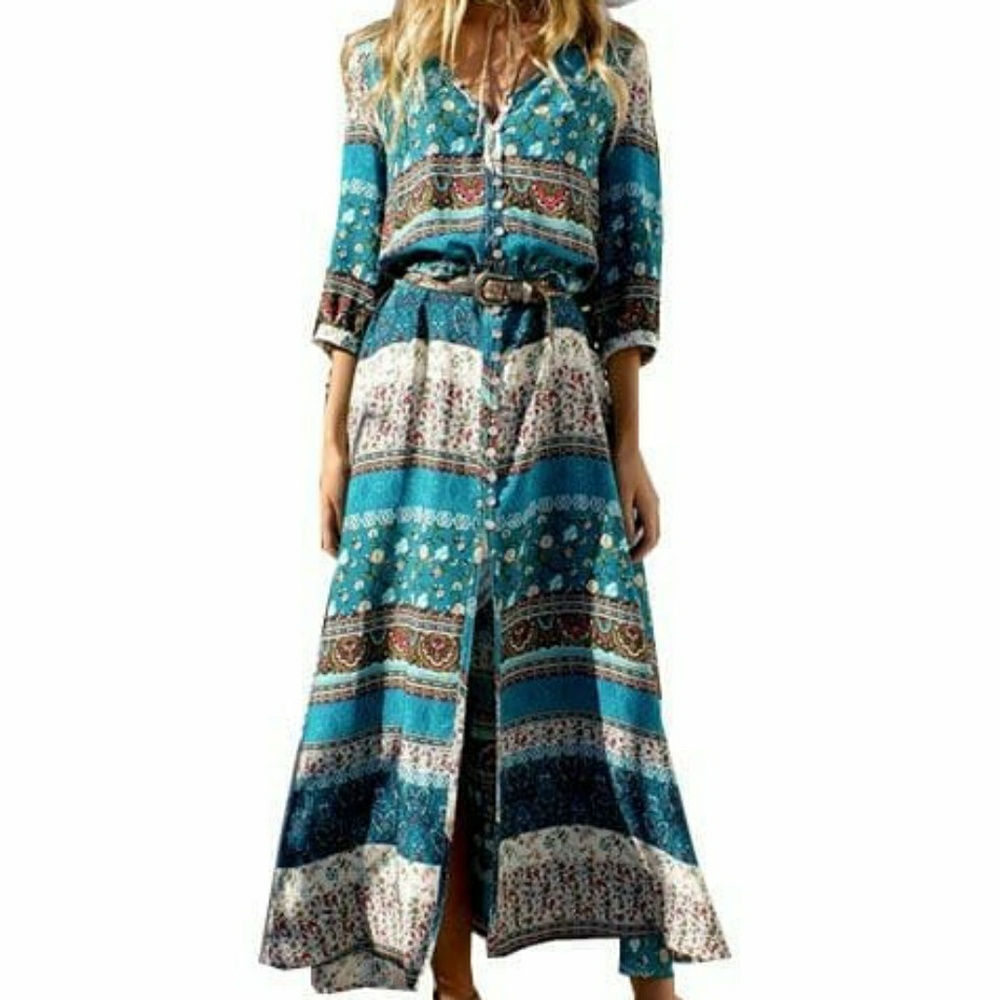 V-Neck button down boho long dress